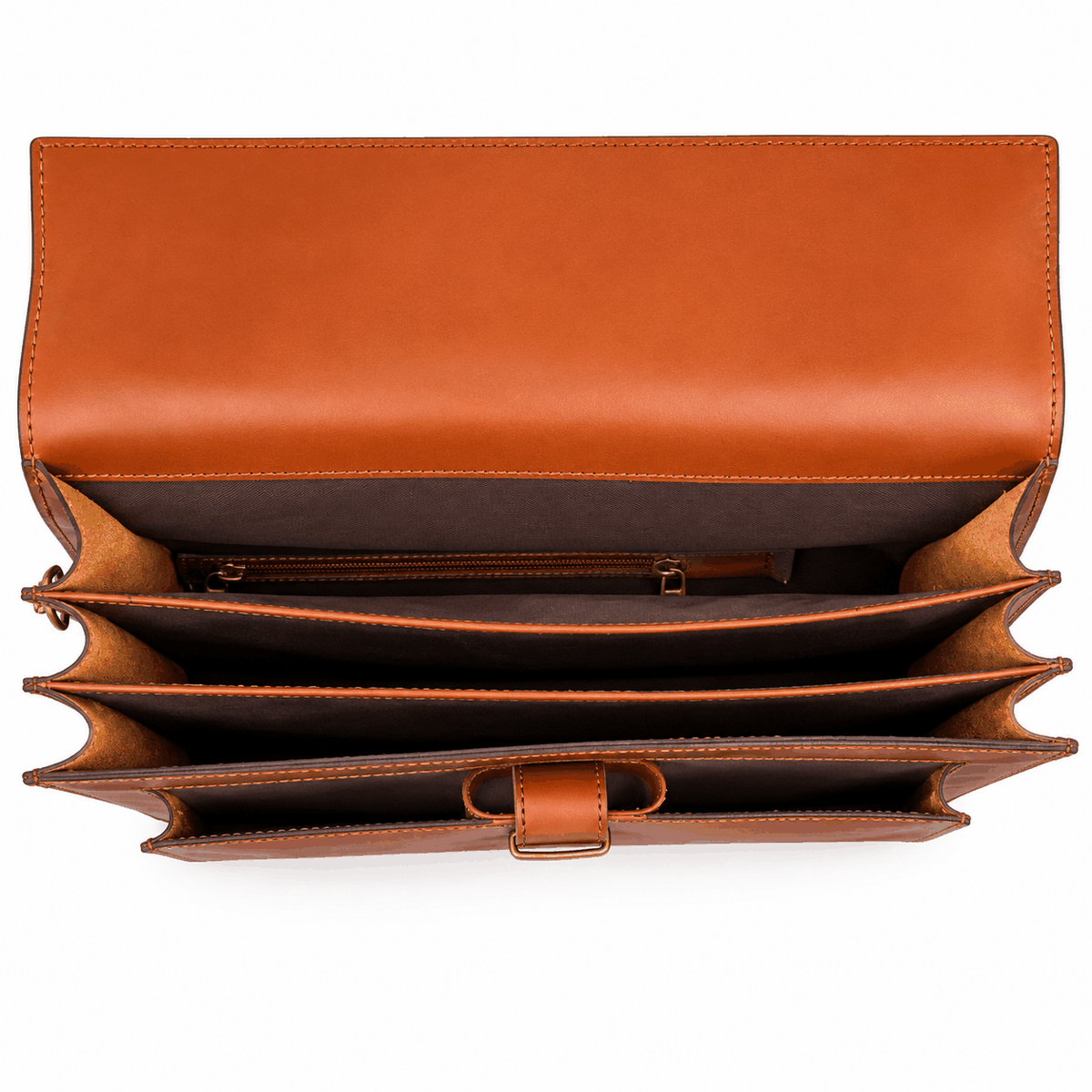 Mallette porte-documents cuir cognac avec fermoir doré et poches multiples