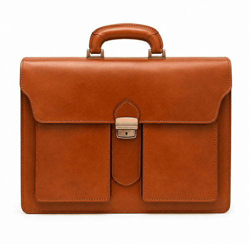 Mallette porte-documents en cuir cognac avec fermoir doré et poches frontales