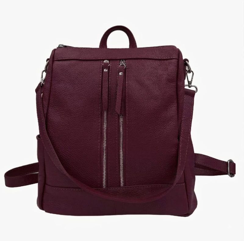 Sac à dos convertible en cuir véritable grainé avec double fermeture verticale made in Italy