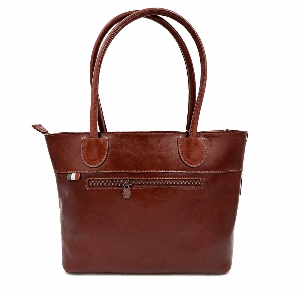 Sac cabas en cuir marron véritable souple made in Italy avec anses longues et détail tricolore